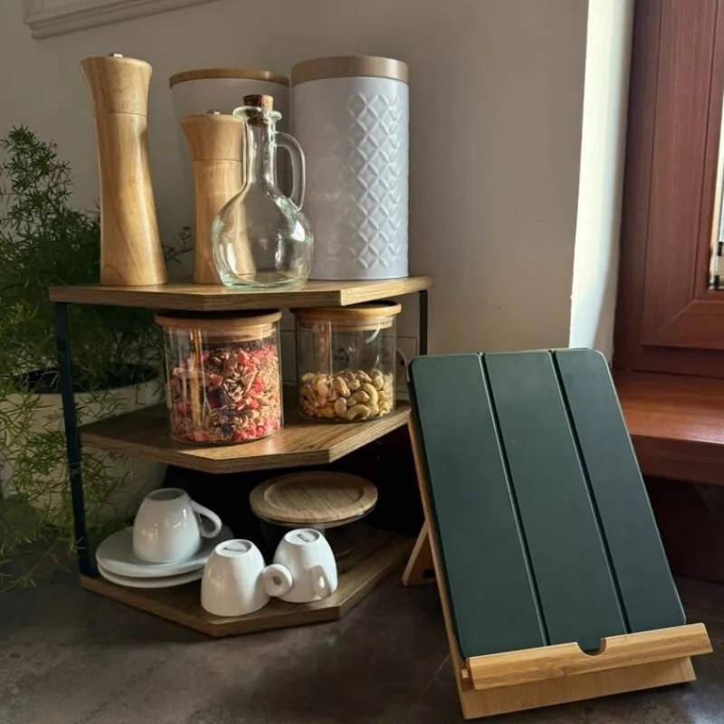 Raft de colt Kesper 27833, MDF, 3 niveluri, 28 x 26 cm, pana la 10 kg, Negru/imitatie de lemn
