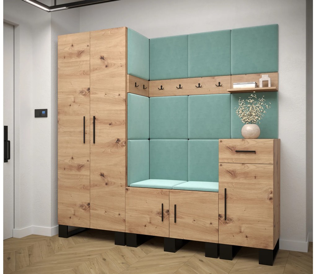 Set mobilier pentru hol Amanda 1 (Stejar artisan + verde). 1085859