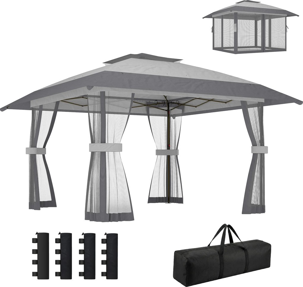 Outsunny Pavilion 4x4m Impermeabil Reglabil pe înălțime Pop-up Pavilion pliant cu dublu acoperiș 4 laterale din plasă, UV 30+Gri deschis | Aosom Romania