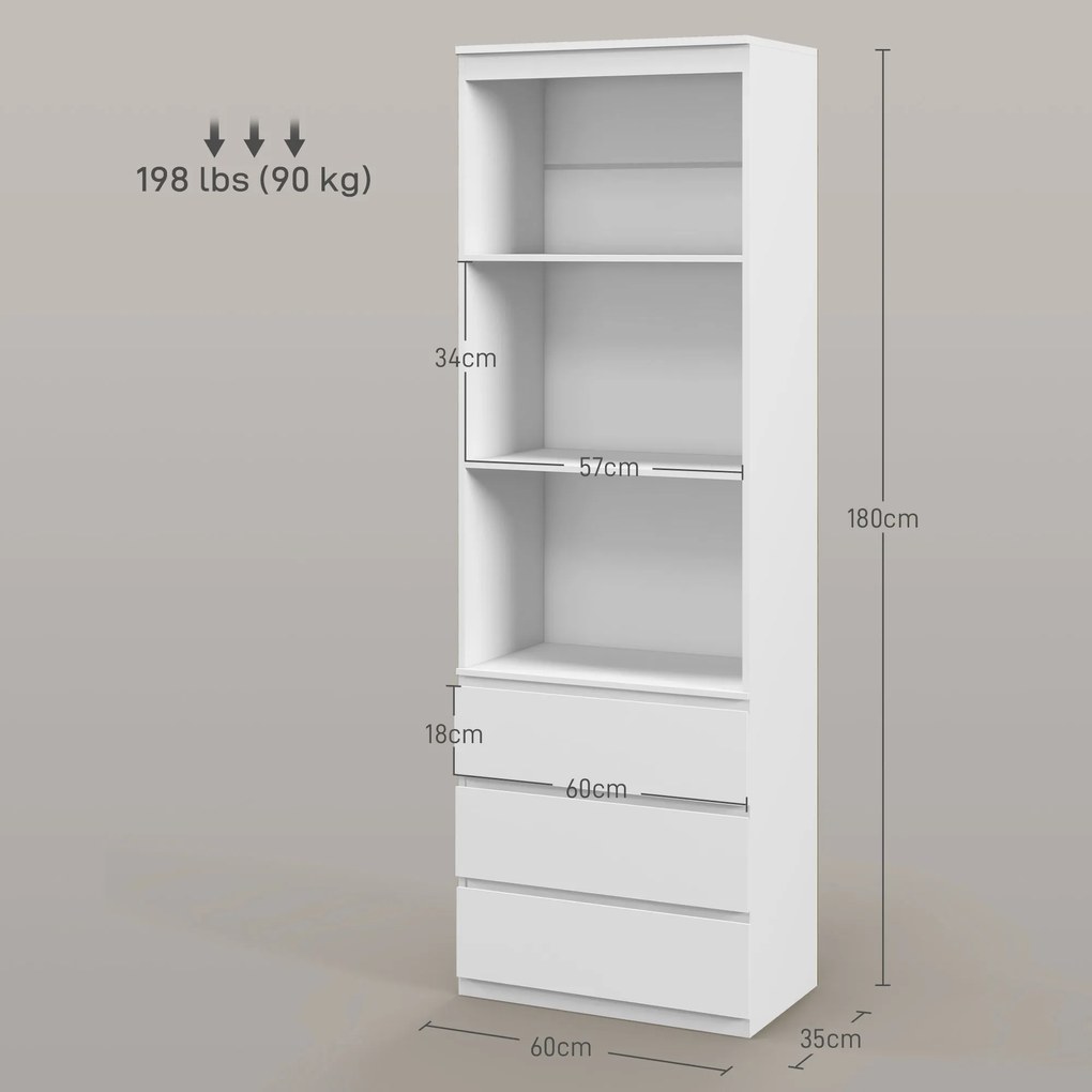 HOMCOM Bibliotecă înaltă de 180 cm cu 3 rafturi și 3 sertare 60 x 35 x 180 cm din lemn alb | Aosom Romania