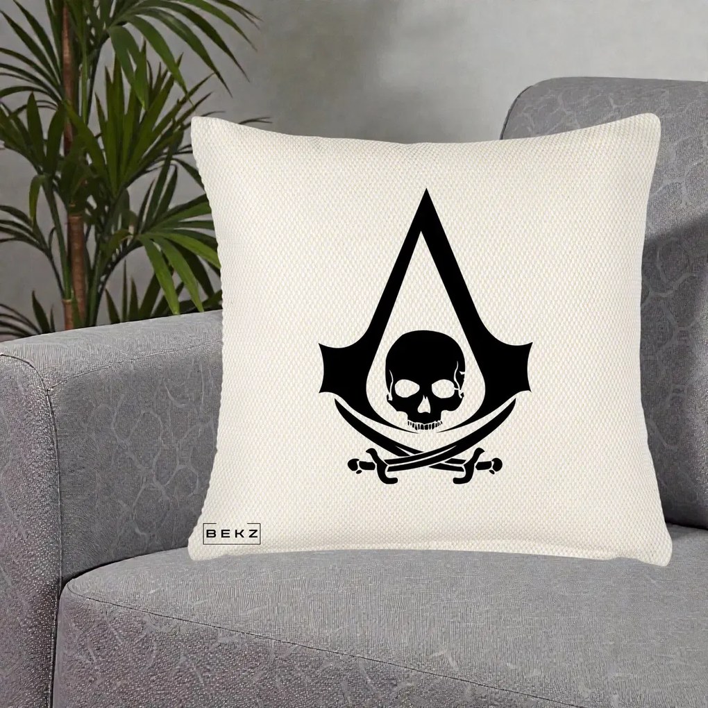 Perna Personalizata Assassin's Creed Black Flag Skull, 40x40 cm, Crem Reliefat, Husa Detasabila, Perna Inclusa, BEKZ®