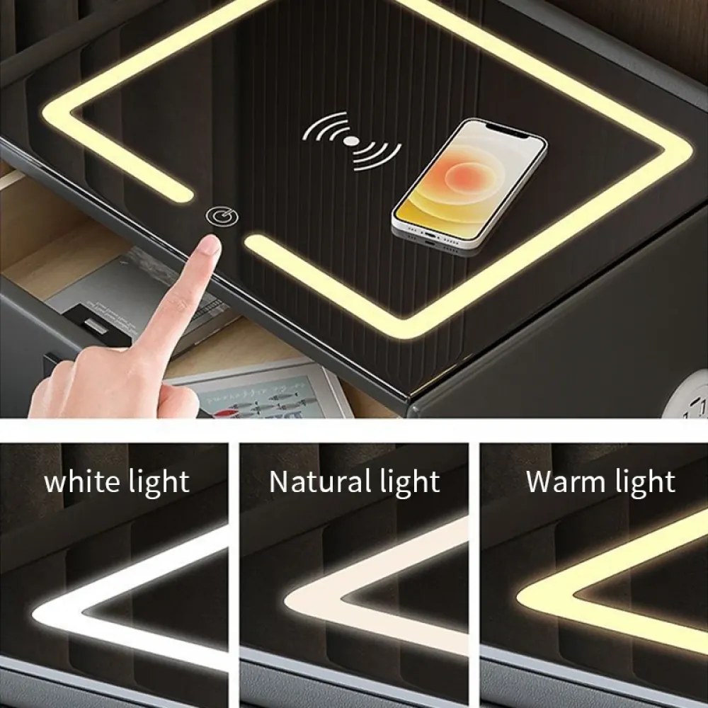 Noptieră inteligentă multifuncțională, 3 sertare, blocare cu amprentă, LED-uri tactile, 3 tipuri de culoare, încărcare fără fir, Difuzor Bluetooth, incarcare USB, sticla securizata, Alb