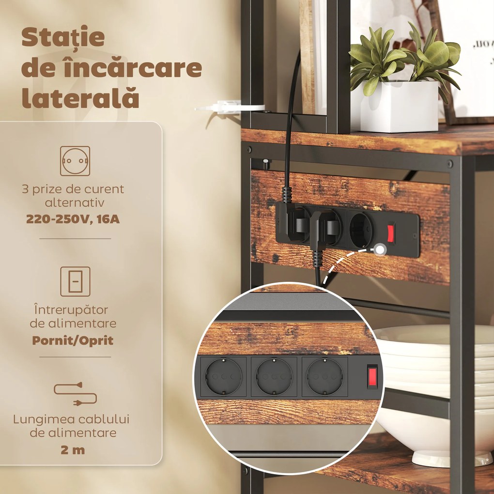 HOMCOM Raft de Bucătărie cu Prize și Rafturi Reglabile, Raft pentru Cuptor cu Microunde cu 5 Niveluri, Panou cu Grilaj și 10 Cârlige, Mobilier Vintage Structură din Oțel, 80x40x170 cm, Maro Rustic | Aosom Romania