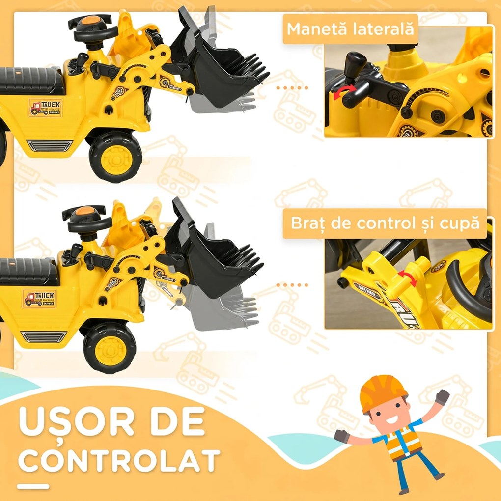 HOMCOM Excavator pentru Copii cu Cupă, Spătar și Spațiu de Depozitare Ascuns, Buldozer de Jucărie în PP și ABS, 80x26.5x39 cm, Galben și Negru | Aosom Romania