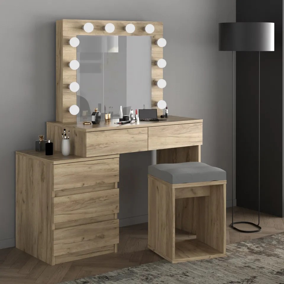 Masuta machiaj cu Oglinda LED si 5 Sertare pentru Cosmetice, Set Masa toaleta 112 cm, Stejar, masuta cosmetica, vanity - SEM510