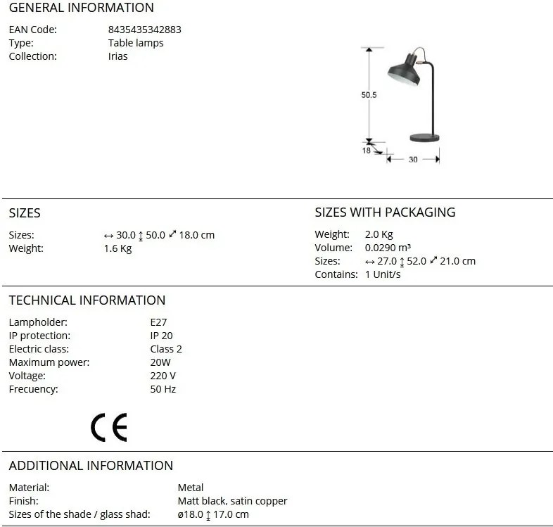 Veioza/Lampa de masa din metal design moderm Irias negru/cupru