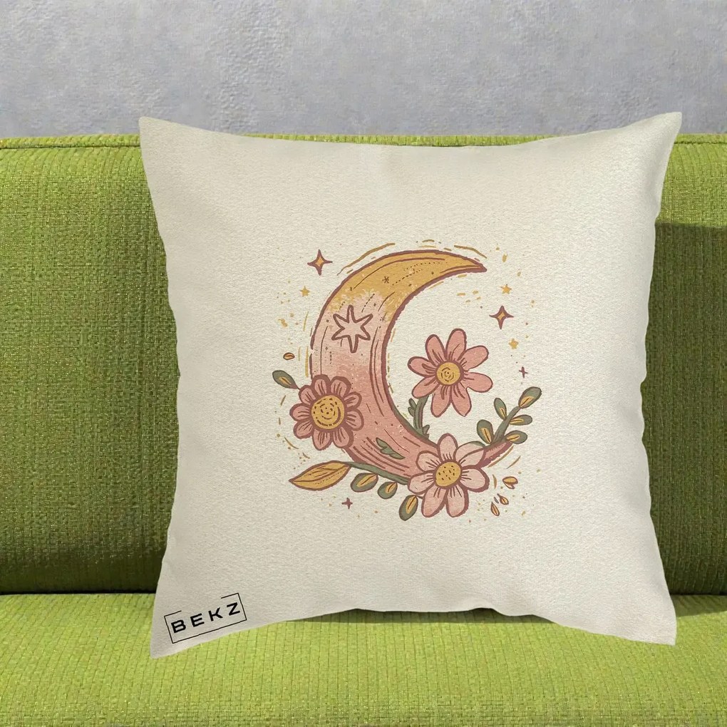 Perna Decorativa Luna Florala Boho, 40x40 cm, Ecru, Husa Detasabila, Perna Inclusa, BEKZ®