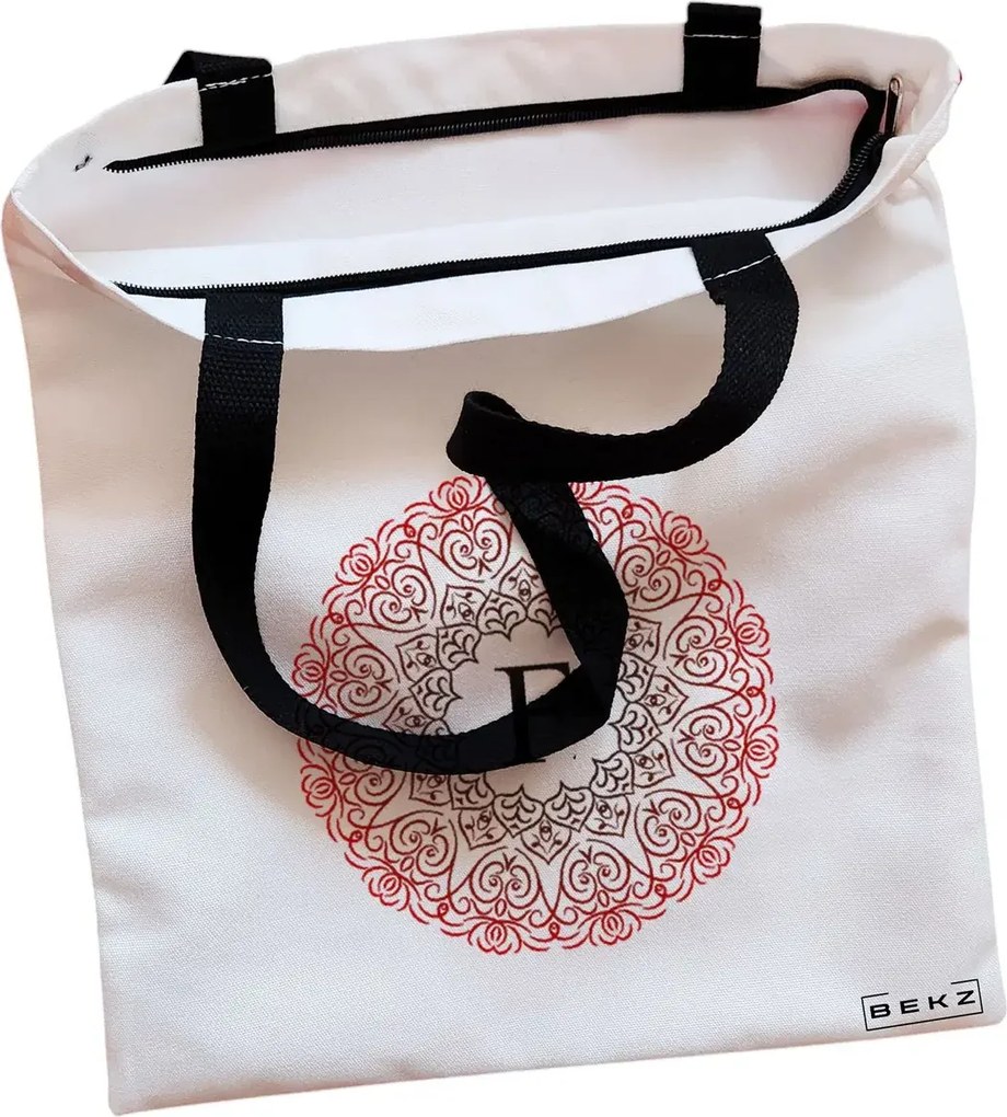 Sacosa de Panza pentru Cumparaturi, Geanta Tote, Cu litera F si Mandala, Cu fermoar, 38x34.5 cm, Alba, BEKZ®