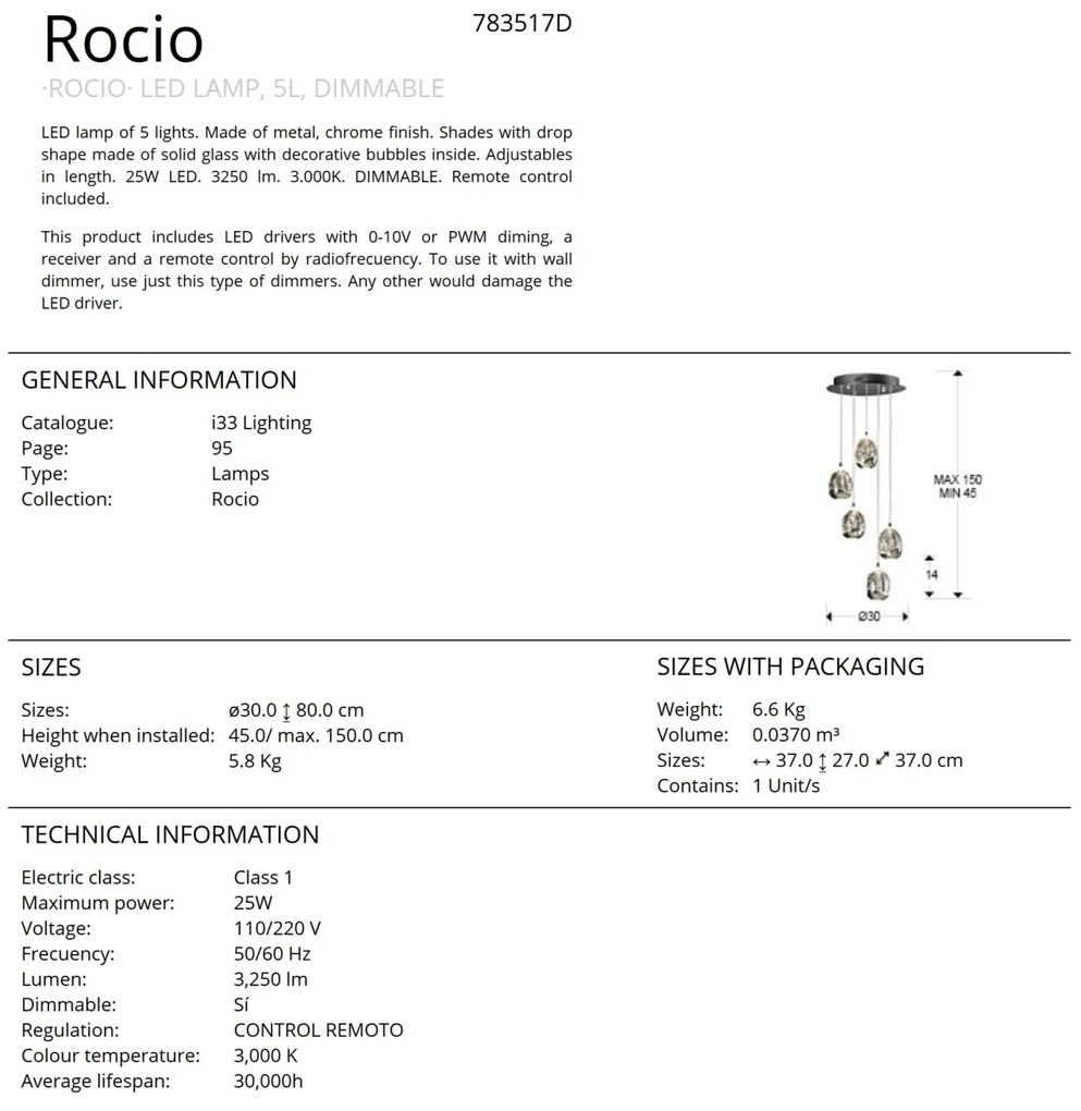 Lustra LED dimabila cu telecomanda ROCIO 5L, crom SV-783517D