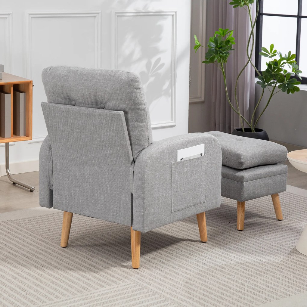 HOMCOM Fotoliu de relaxare cu repose-pied fotoliu TV cu perne capitonat din material lin 68,5 x 73,5 x 90 cm gri deschis | Aosom Romania