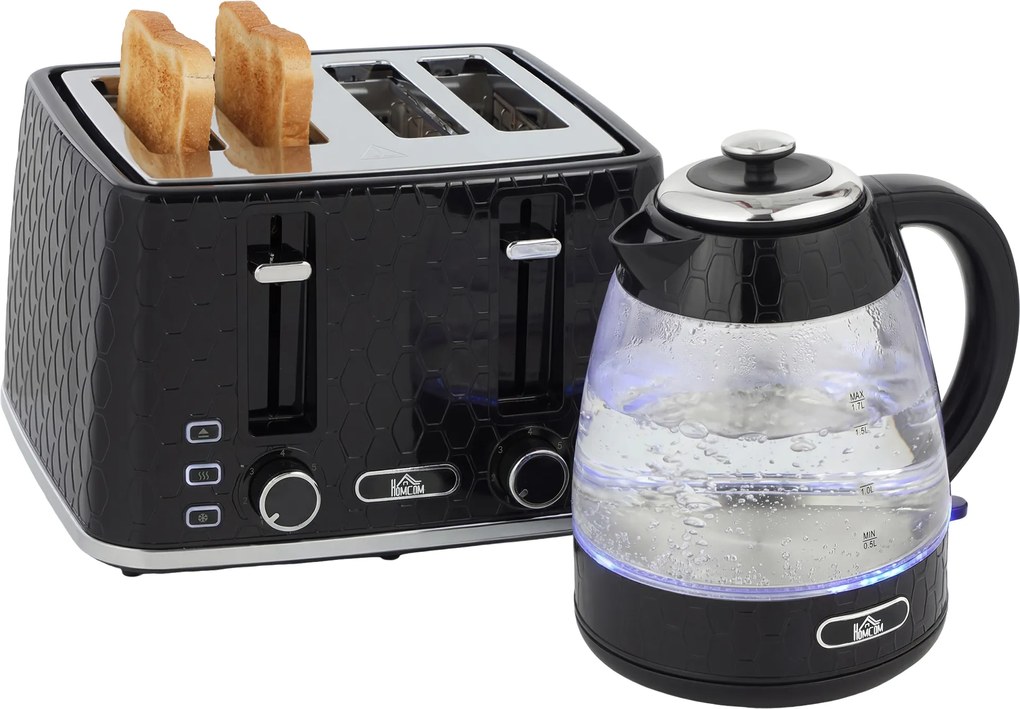 HOMCOM Set cu fierbător rapid 1,7L 2200W și prăjitor cu 4 fante cu filtru anticalcar, Negru | Aosom Romania