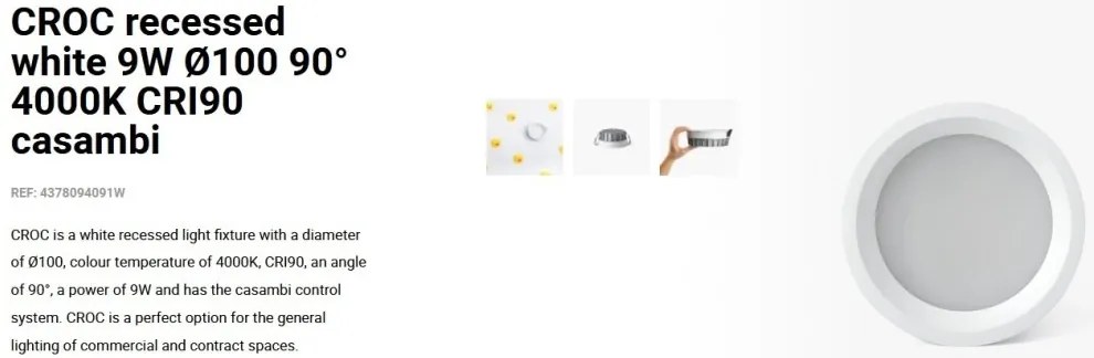 Spot LED incastrabil CROC IP44 recessed white 9W 10cm 90 grade 4000K CRI90 casambi