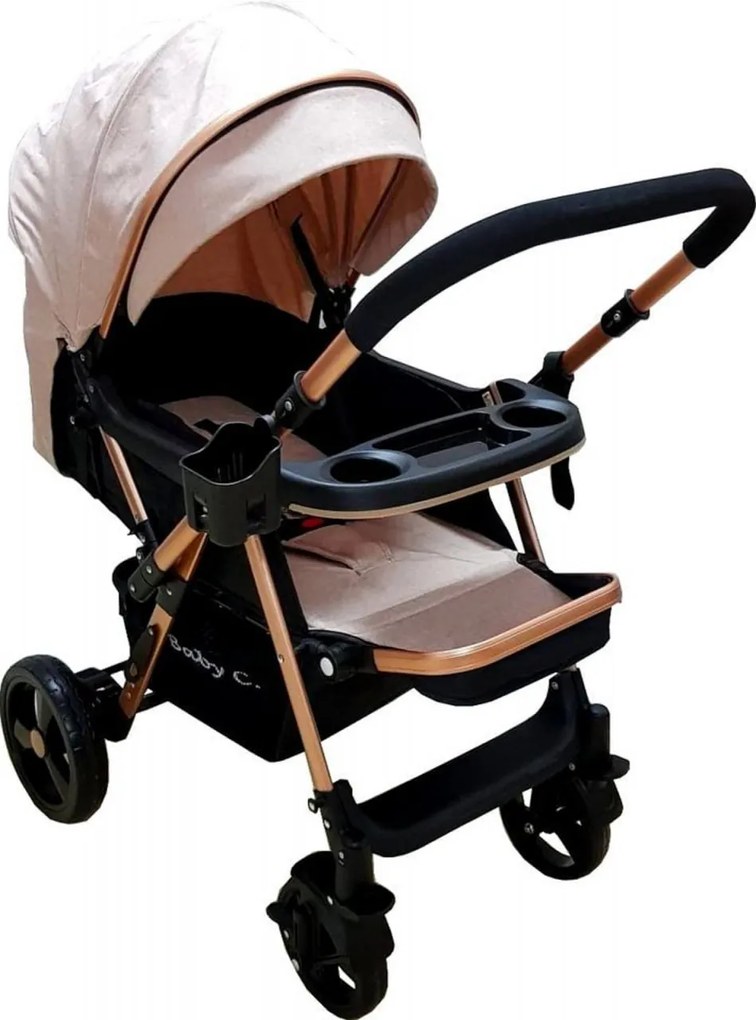 Carucior nou nascuti 2 in 1 BABY CARE™ PRO 511, Cadru aluminiu, Maner reversibil, Spatar reglabil 5 trepte, Amortizoare, Frana picior,Pliabil, Crem