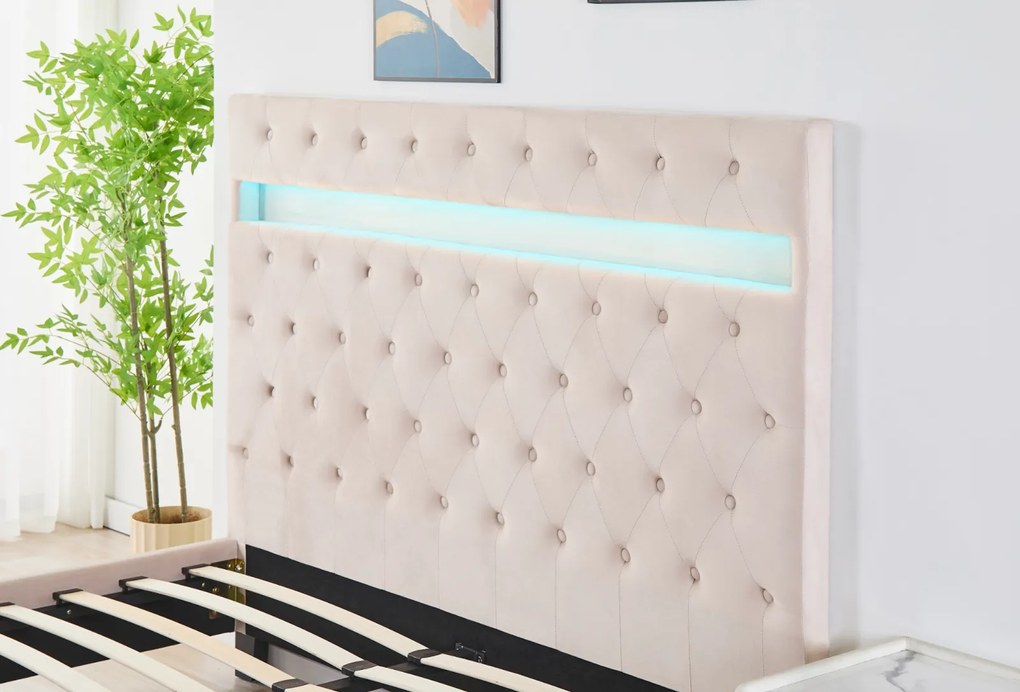 Pat Tapitat Catifea cu Iluminare LED, Somiera si Saltea Inclusa ,   Bej 160x200 cm   Cod FB-18