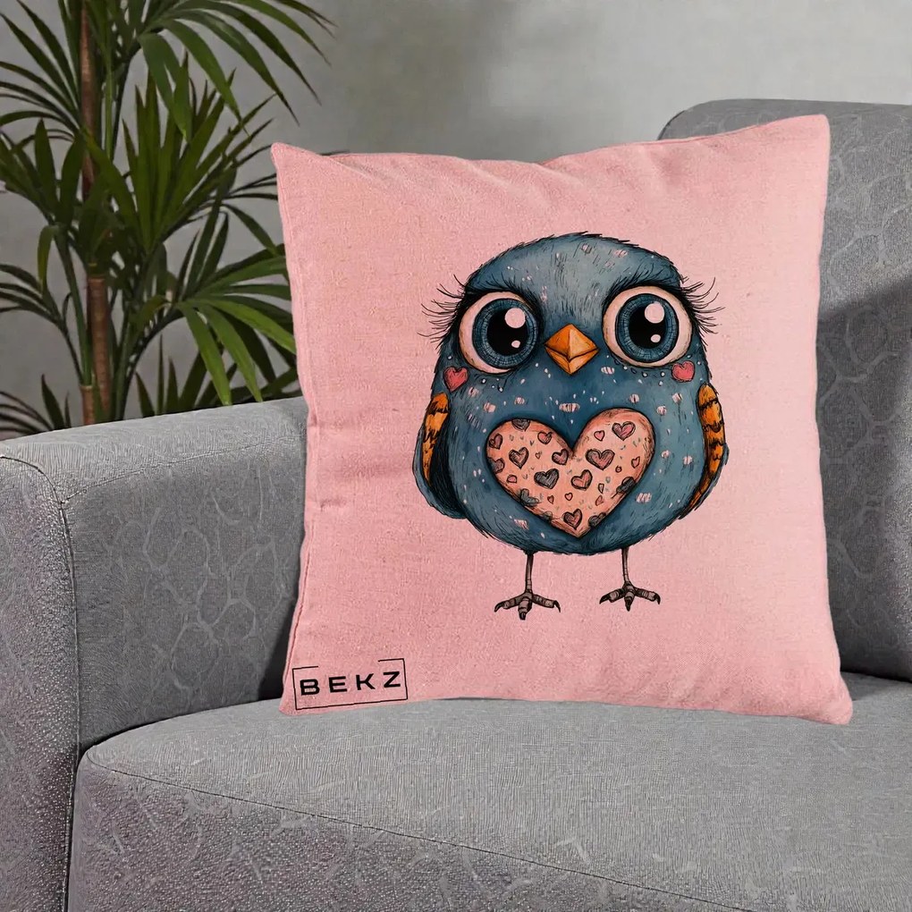 Perna Decorativa Bufnita Albastra cu Inimioare, 40x40 cm, Roz, Husa Detasabila, Perna Inclusa, BEKZ®