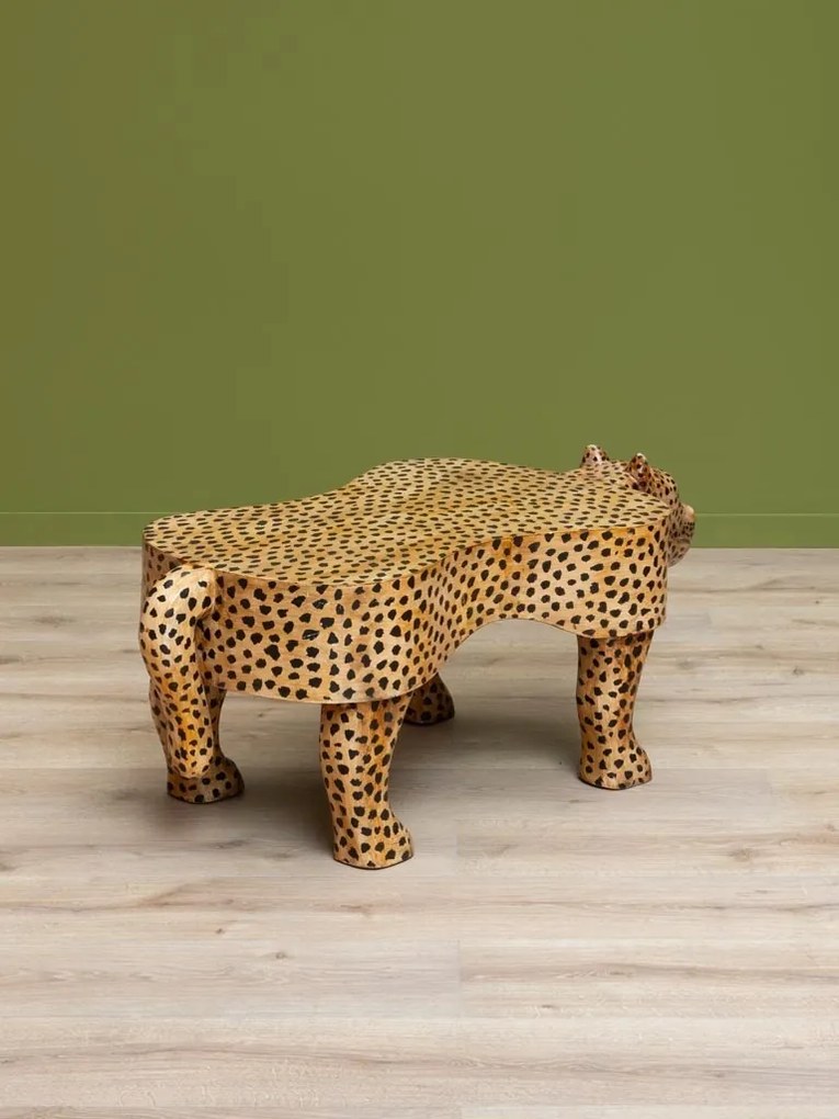 Măsuță de cafea din lemn de mango sculptat și pictat manual, maro, panteră cu imprimeu leopard, finisaj lucios, 45 x 120,5 x 60 cm, „Panthera"