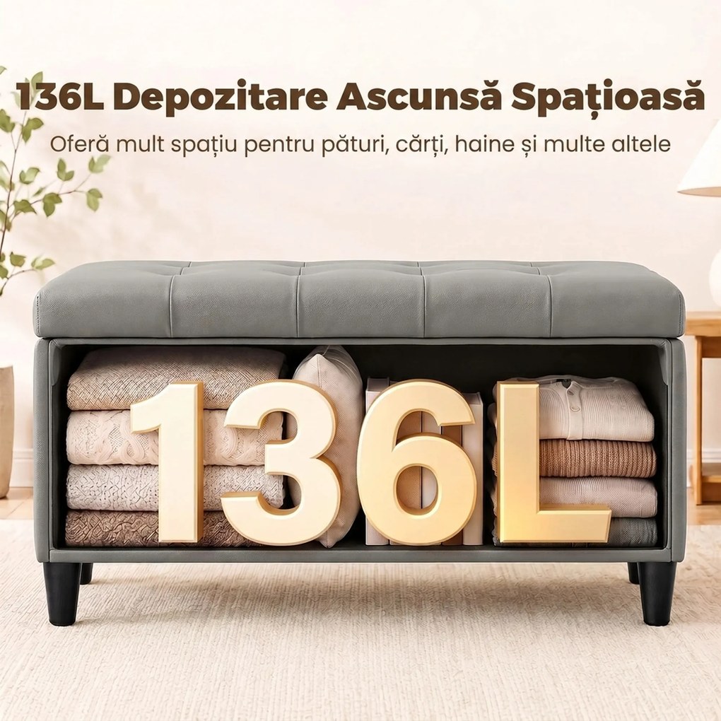 HOMCOM Bancă cu depozitare 136 L, 110x41x42 cm, piele ecologică potrivită pentru animale de companie, gri | Aosom Romania