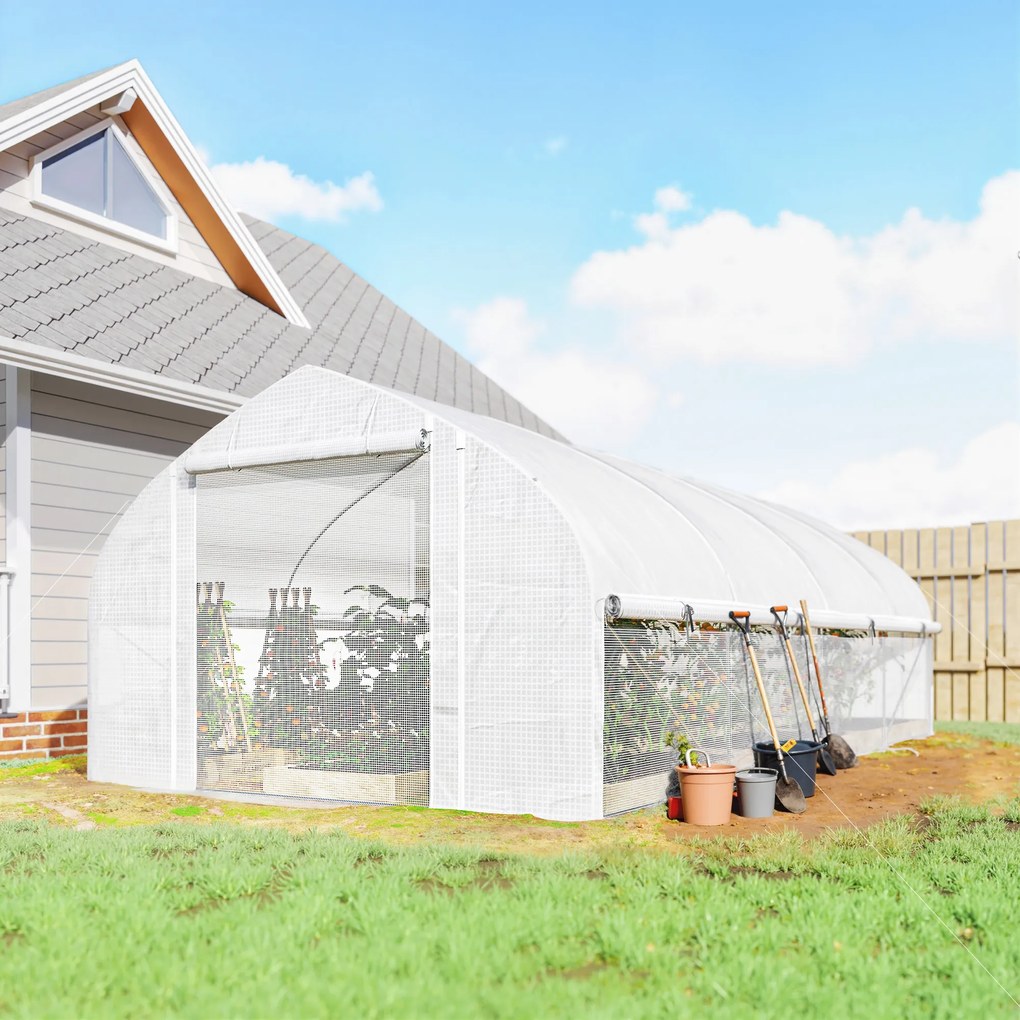 Outsunny Seră tip tunel 6x3x2 m cu Anti-UV și Ușă rulou cu fermoar Pereți laterali cu plasă Alb | Aosom Romania