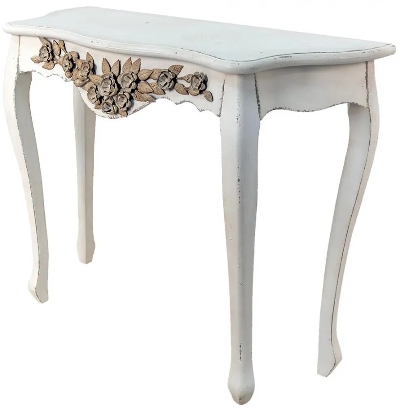 Consola alba, cu model floral, din lemn, aspect vintage, Floravie