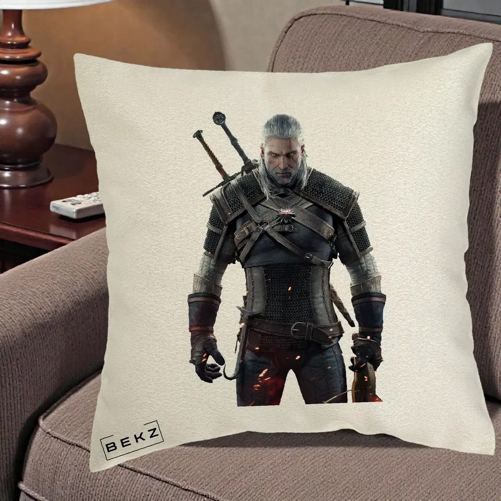 Perna Personalizata The Witcher Geralt of Rivia Portret, 40x40 cm, Ecru, Husa Detasabila, Perna Inclusa, BEKZ®