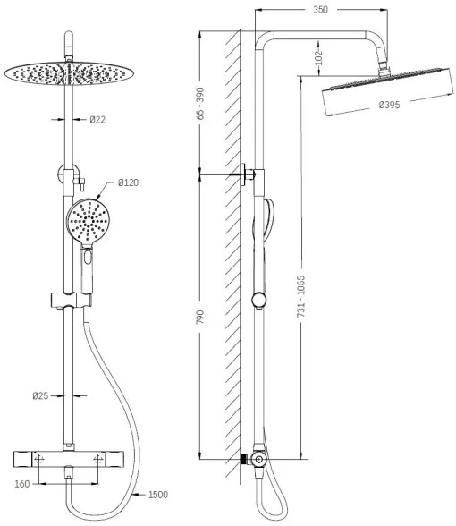 Set de duș DRAGOR cu baterie termostatică, crom lucios