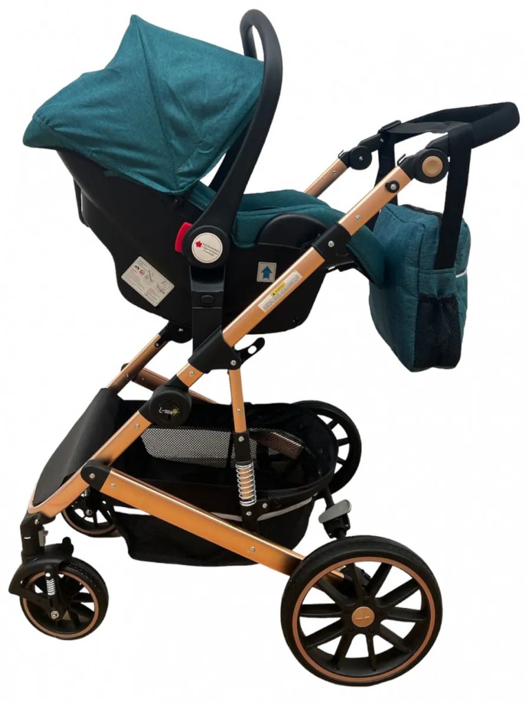 Carucior 3 in 1 cu scoica auto, transformabil, reversibil, cu roti cauciuc, 0-36 luni - CPC-37-turcoaz