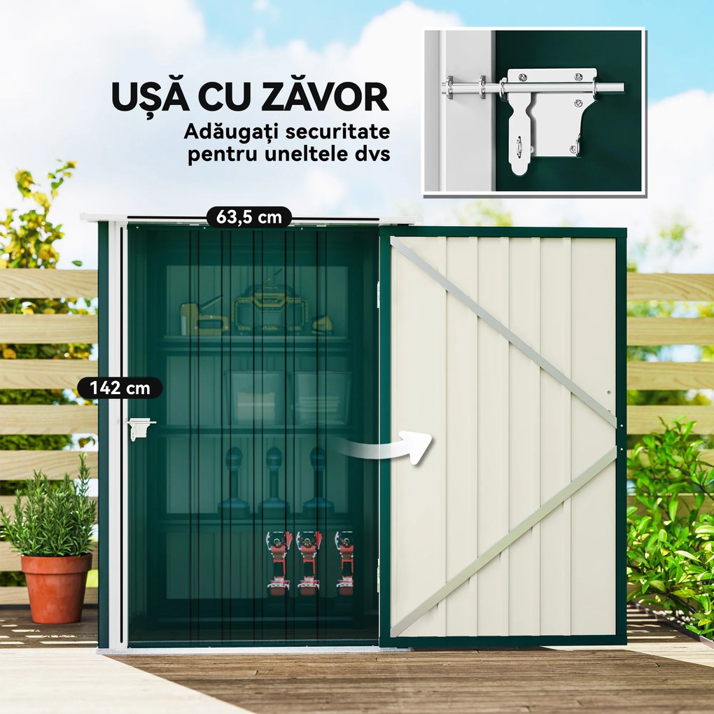 Outsunny Căsuță de Grădină 0,92m² din Oțel Galvanizat, Depozit pentru Unelte cu Ușă Blocabilă, Acoperiș Înclinat, 100x104x160 cm, Verde | Aosom Romania
