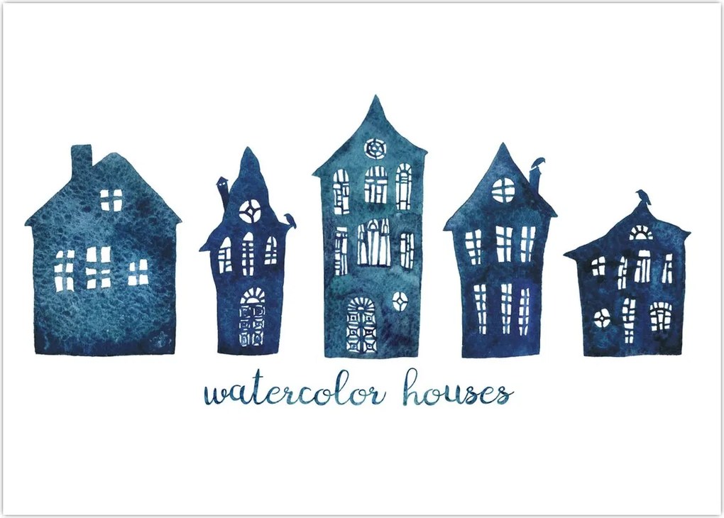 Tablou - Case de acuarelă albastru (70x50 cm)