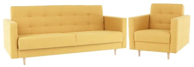 Set complet tapitat de canapea cu fotoliu, tesatura de culoare mustar, AMEDIA