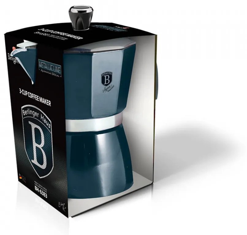 Espressor cafea pentru aragaz (Cafetiera) 3 cesti Aquamarine Metallic Line Berlinger Haus BH 6383