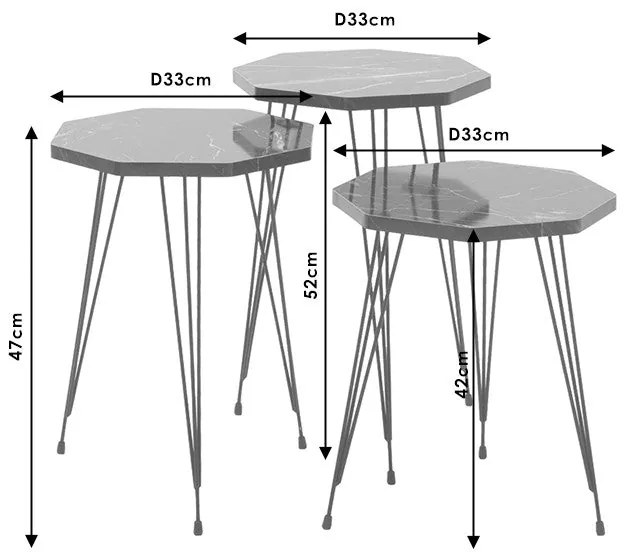 Set 3 măsuțe laterale Buena Pakoworld imitație marmură, negru