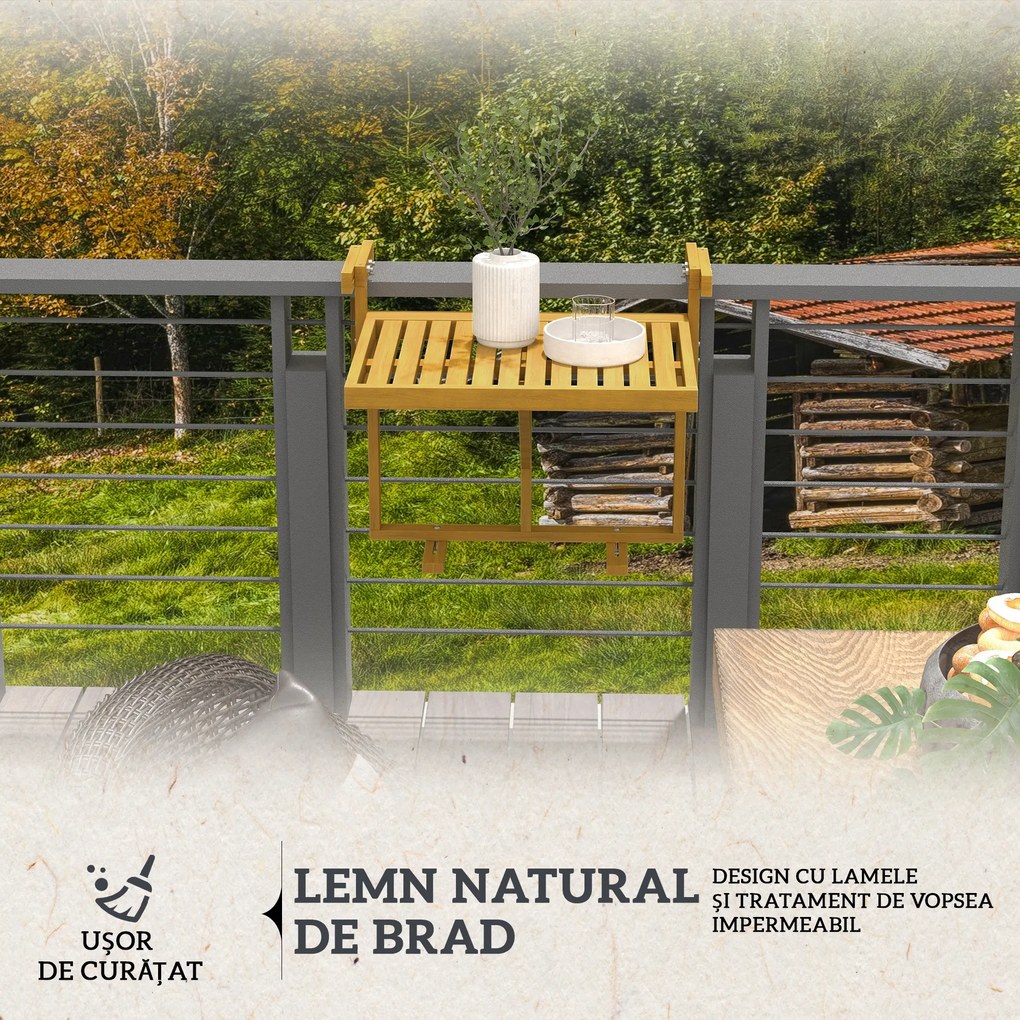 Outsunny Masă Suspendată de Exterior, Masă Reglabilă pentru Balustradă, Blat Suport cu Montare pe Perete, 68x65x40,5-55 cm, Tec | Aosom Romania