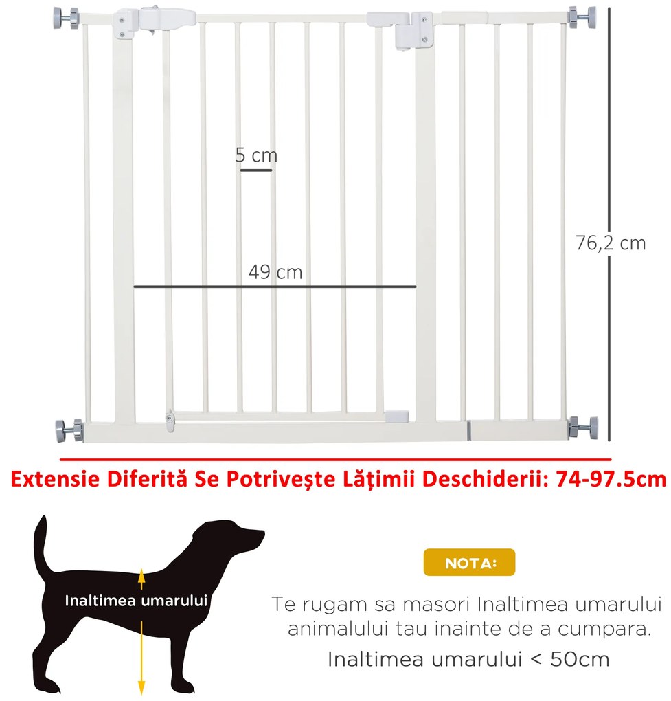 PawHut Poartă Extensibilă pentru Câini cu Montare prin Presiune, Barieră Închidere Automată și Extensie, 86x76.2 cm, Alb | Aosom Romania