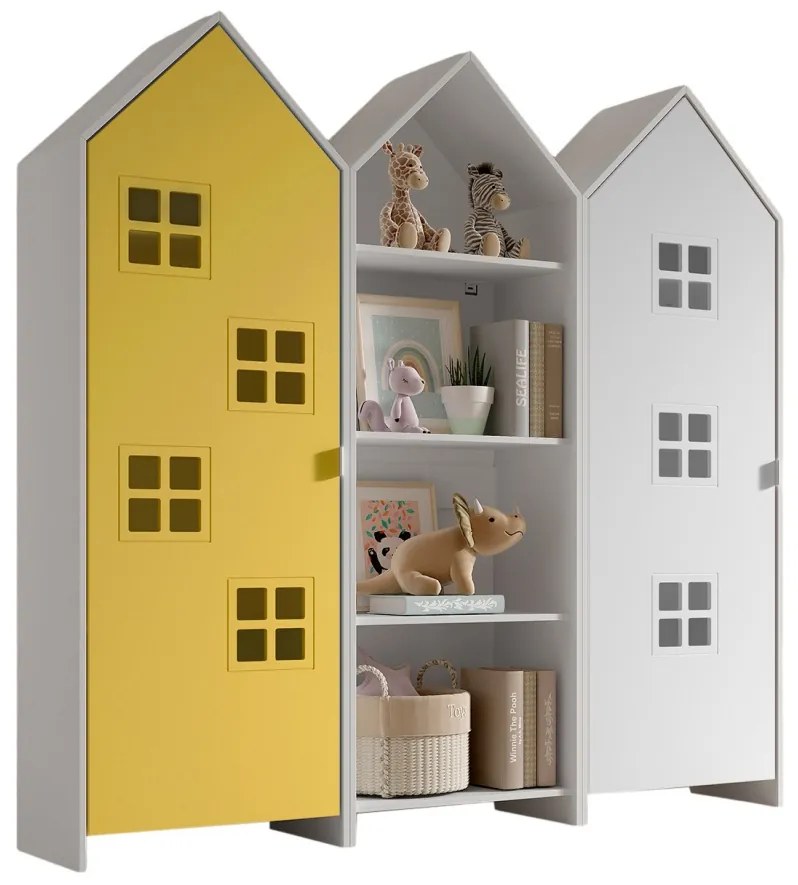 Set 3 dulapuri pentru copii Casami tip colibă de plajă – 1 deschis, 1 cu ușă Galben Strălucitor și 1 cu ușă albă – Vipack