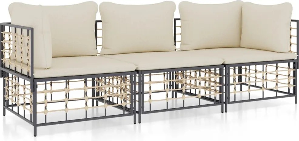 vidaXL Set șezlonguri de grădină 3 piese cu perne, antracit, poliratan