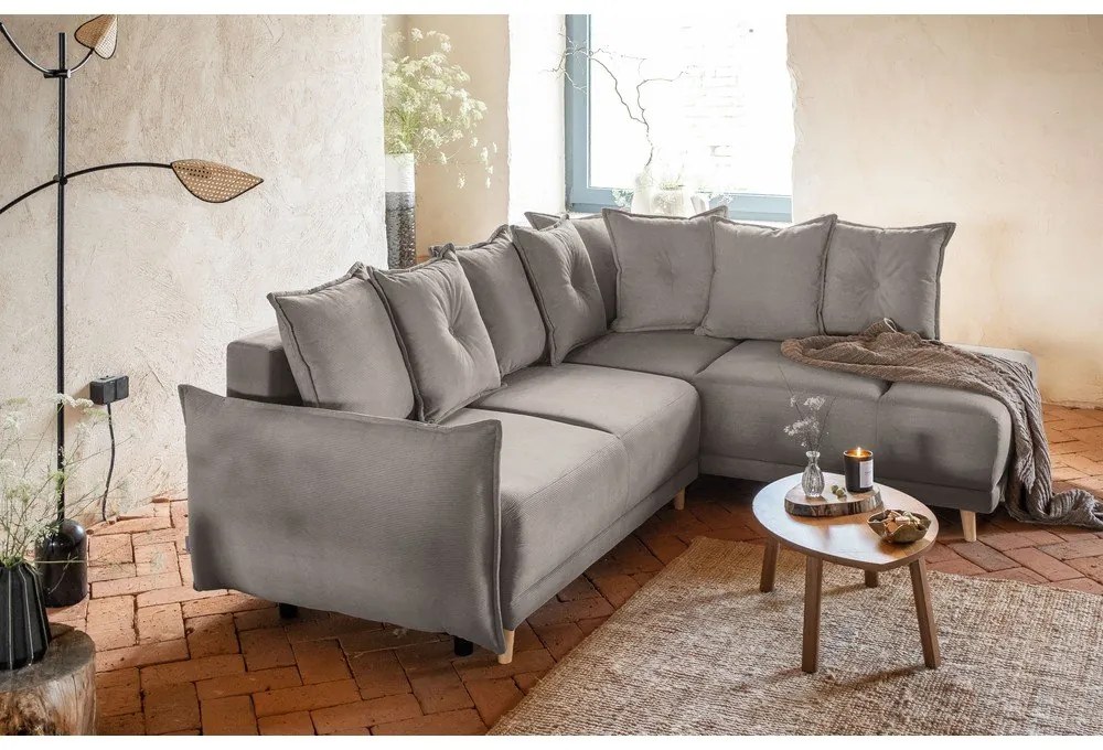 Colțar maro deschis extensibil cu tapițerie din catifea reiată (colț dreapta) Lazy Lukka – Miuform