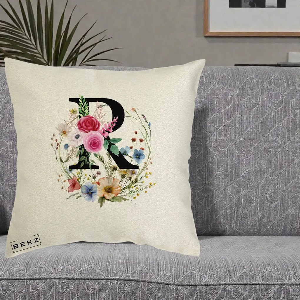 Cadou Personalizat - Perna Personalizata Monogram Litera R cu Flori Acuarela, 40x40 cm, Ecru, Husa Detasabila, Perna Inclusa, BEKZ®