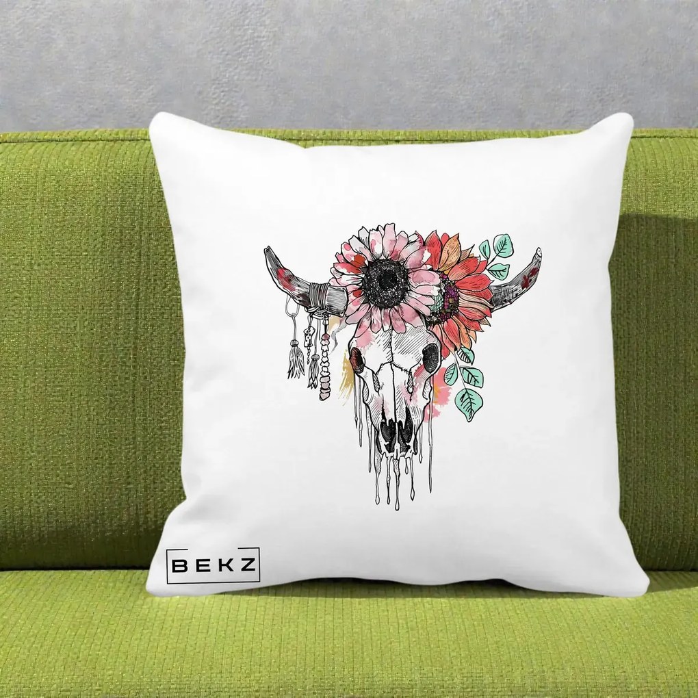 Perna Decorativa Craniu Boho Floral, 40x40 cm, Alba Mata, Husa Detasabila, Perna Inclusa, BEKZ®