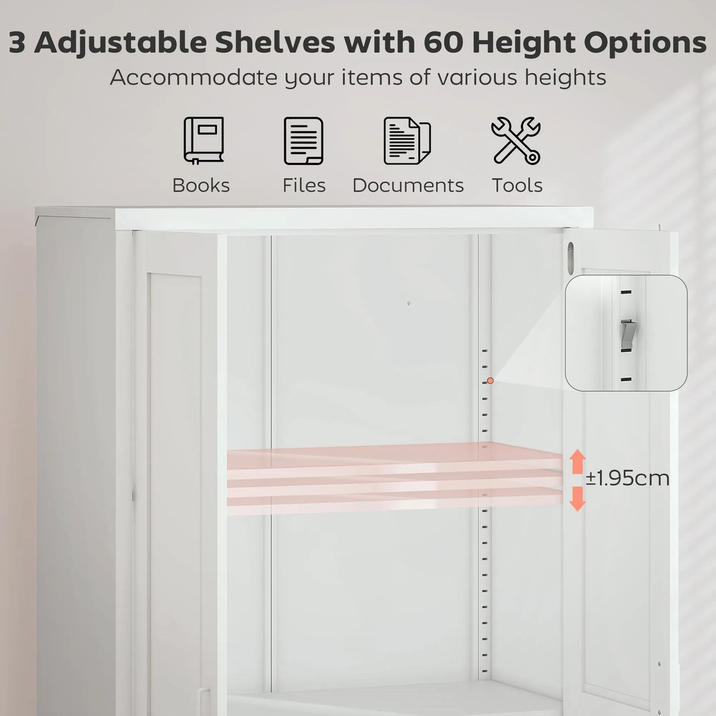 HOMCOM Dulap pentru Birou în Oțel cu 3 Rafturi Reglabile cu Serratură și 2 Chei, 80x40x175 cm, Alb | Aosom Romania