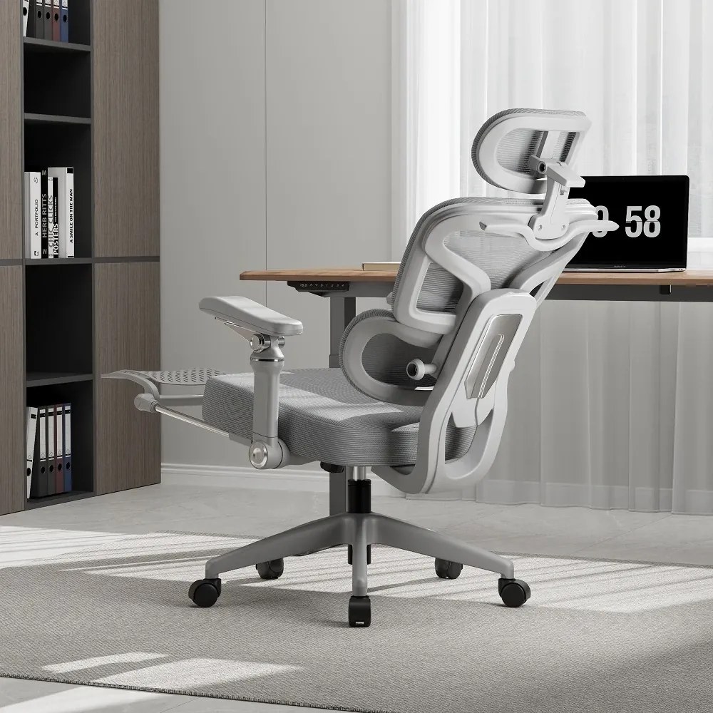 Scaun ergonomic, Sezut Translatie, cotiere 9D, tetiera 6D, suport lombar reglabil, spătar reglabil inaltime, pivotant, suport picioare, sezut buretat,Gri