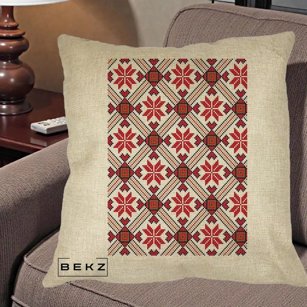 Perna Personalizata Motiv Traditional Ie Romaneasca Rosu, 40x40 cm, Crem, Husa Detasabila, Perna Inclusa, BEKZ®