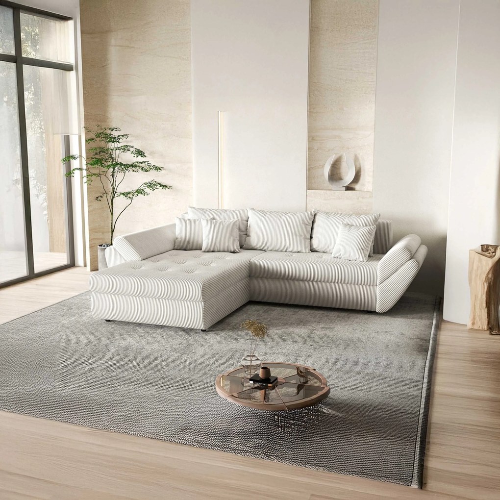 Colțar extensibil dumonde cu ladă de depozitare si sezut confortabil din spuma high-density, Loana Zoom Crem 270x185 cm