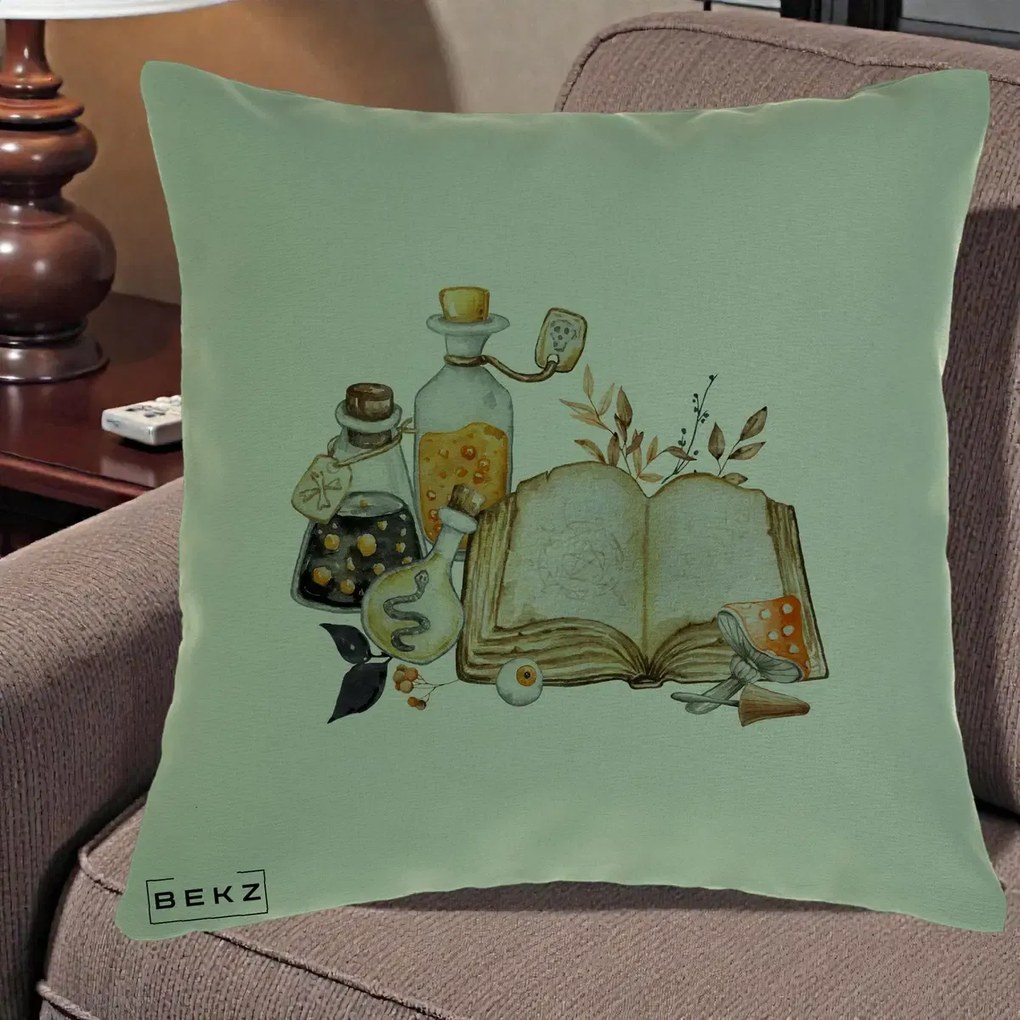 Perna Decorativa Grimoire Vrajitoare si Filtre Magice Halloween, 40x40 cm, Verde, Husa Detasabila, Perna Inclusa, BEKZ®