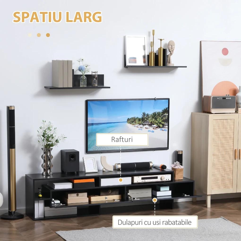 Suport TV modern HOMCOM cu 2 rafturi din lemn, dulap TV cu compartimente deschise si dulapuri, negru | Aosom Romania