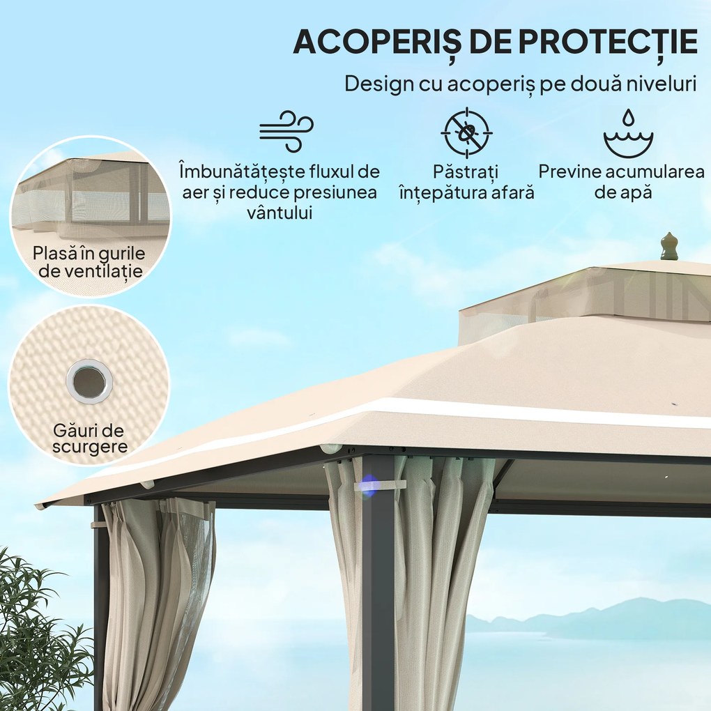 Outsunny Pavilion pentru Exterior cu Baldachin, Acoperiș Dublu, Plasă și Draperii, 370x303x290 cm, Bej | Aosom Romania