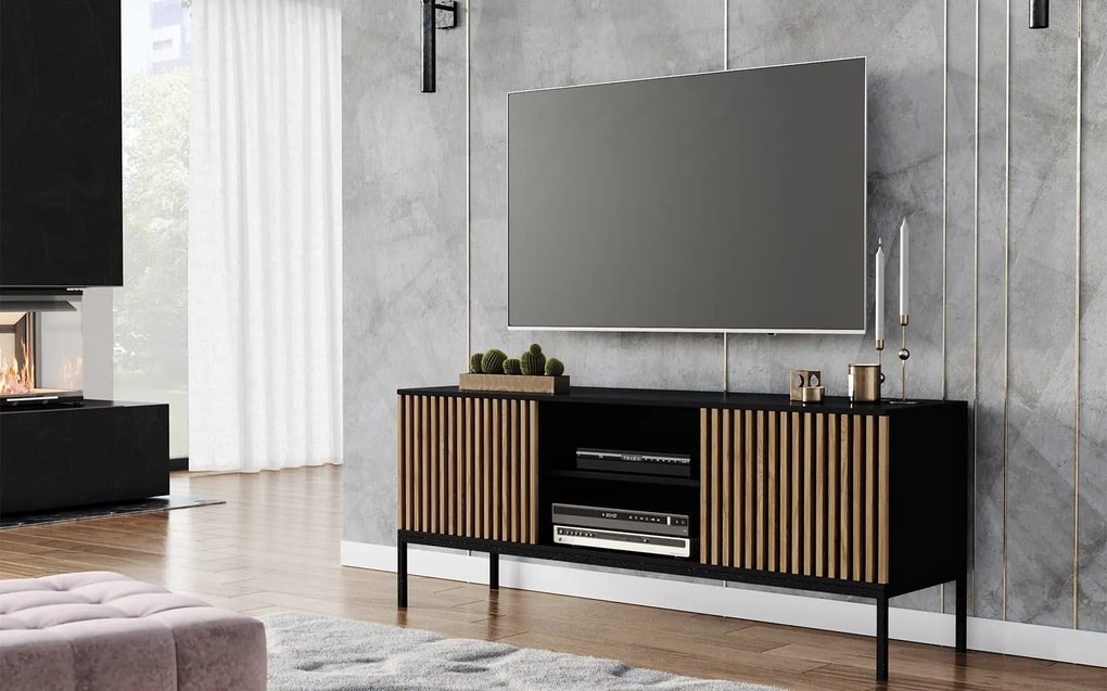 Comodă TV lemn masiv Sia Negru, 150 × 40 × 60 cm