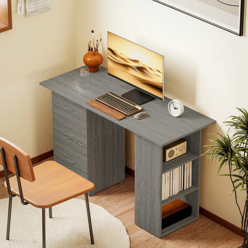HOMCOM Birou modern cu 3 Sertare si Rafturi in Lemn Alb 120x49x72cm | Aosom Romania