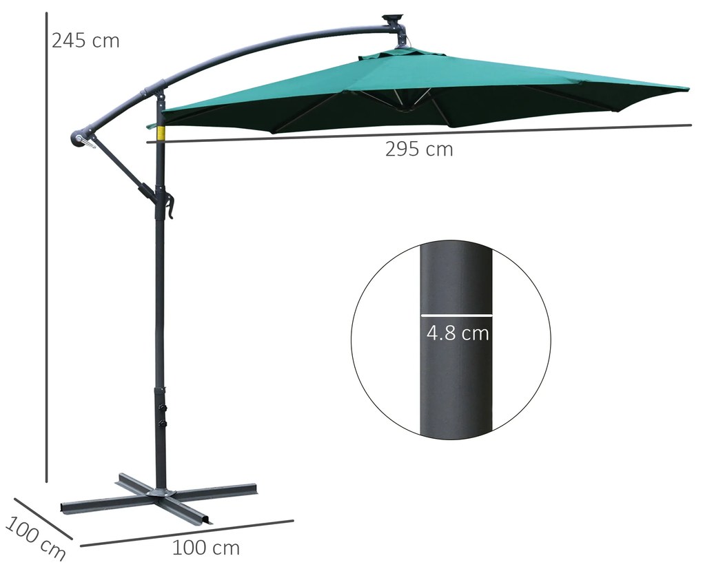 Umbrela pentru gradina Outsunny, brat cu manivela, 8 benzi LED, energie solara Φ295x245cm, Verde | Aosom Romania