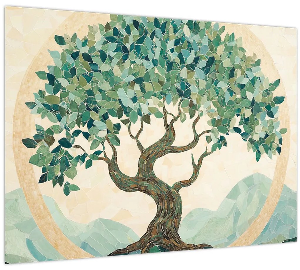 Tablou pe sticlă – Mozaic elegant cu arbore (70x50 cm)