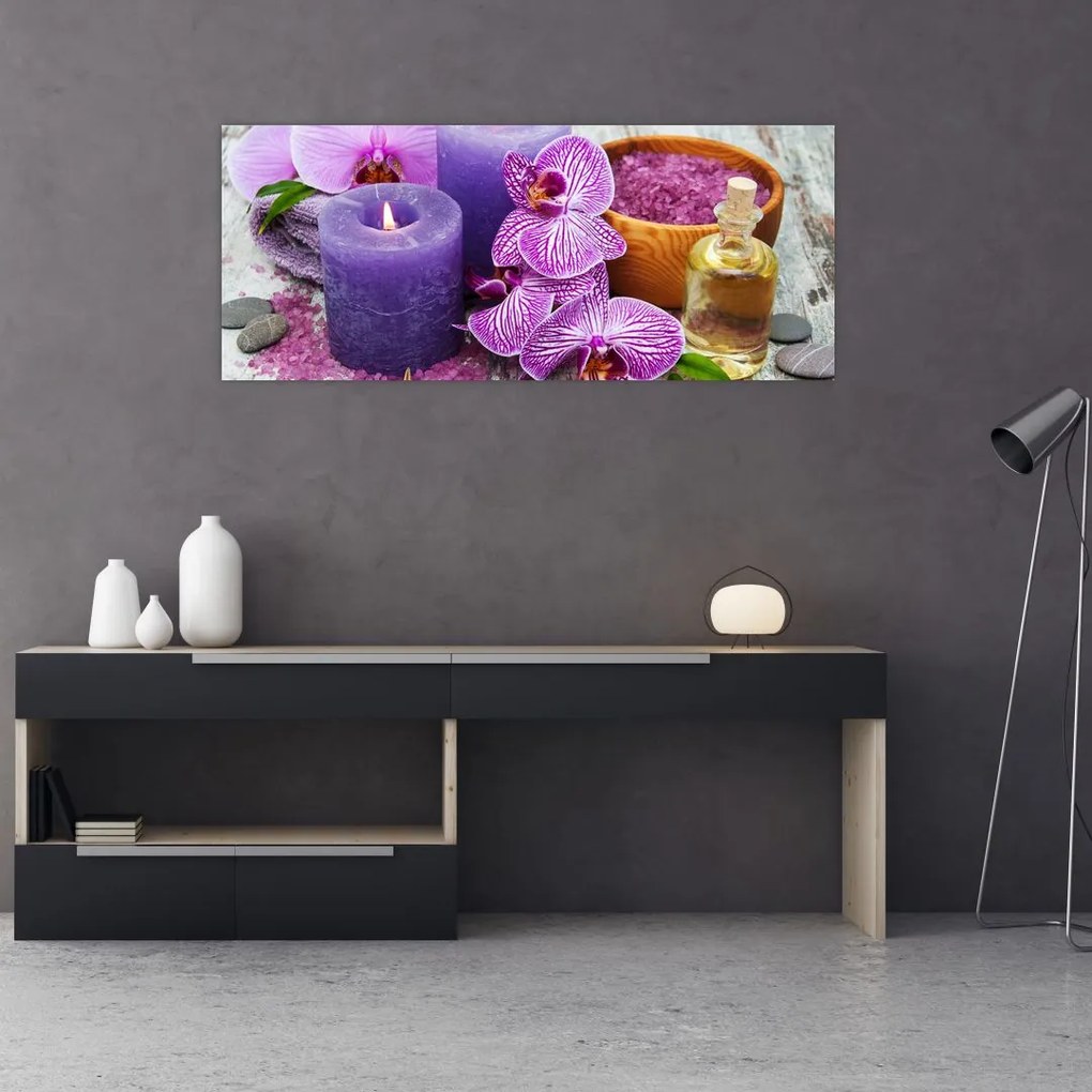 Tablou cu orhidee și lumănări (120x50 cm)